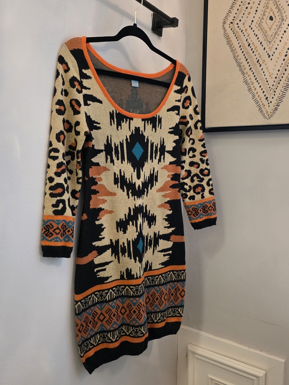 Patterned Knit Sweater Dress in Black, Cream & Orange with Aqua Accents